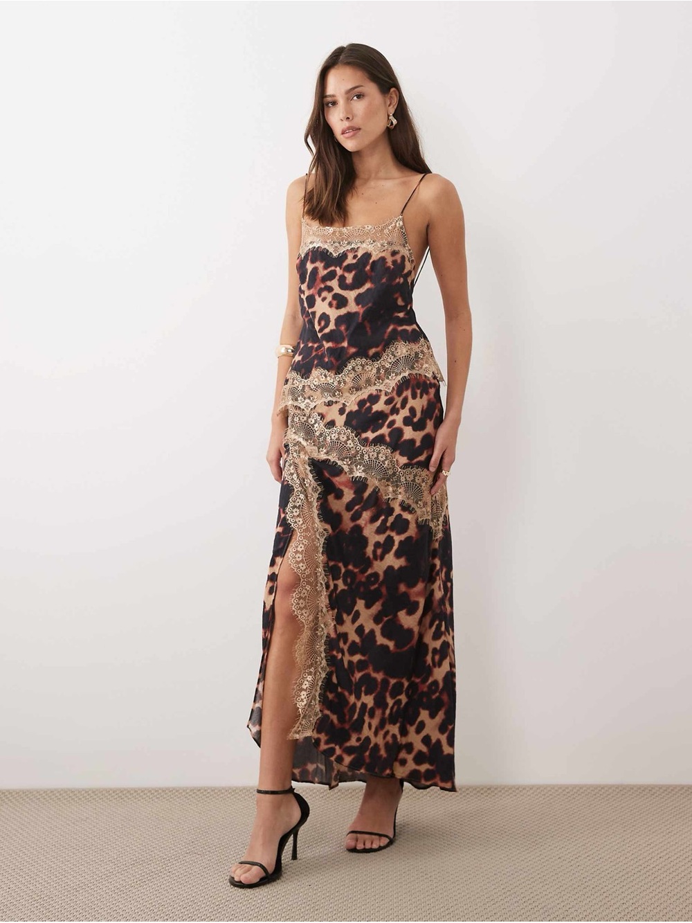 NWT Asos 4 Leopard Lace Trim Slip Maxi Dress - Black & Tan